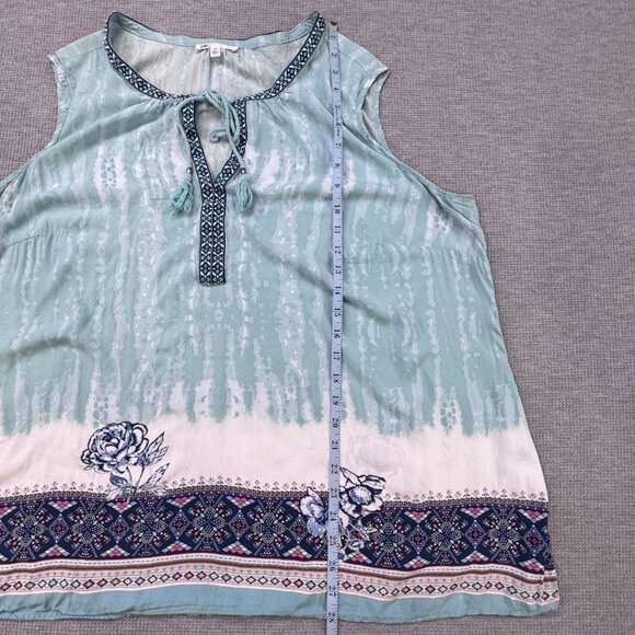 DR2 Womens Tunic Top Blue Sleeveless Tie Dyed Rose Rayon Tie Fringe Boho Size 2X - Picture 10 of 12